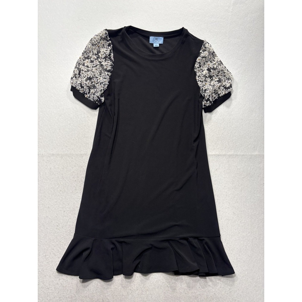 CeCe Womens Small Black Floral Puff Sleeve Ruffle Hem Mini Shift T-Shirt Dress